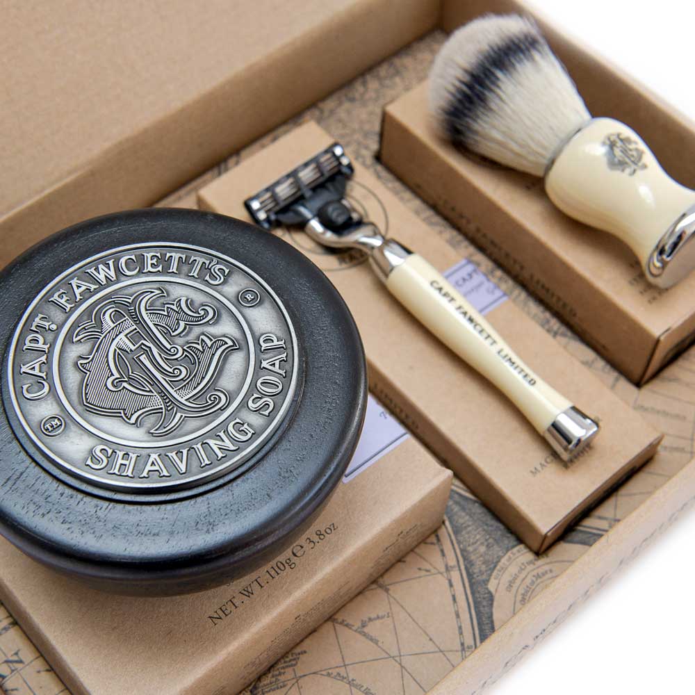 Captain Fawcett's shaving gift set with soap, razor, and brush