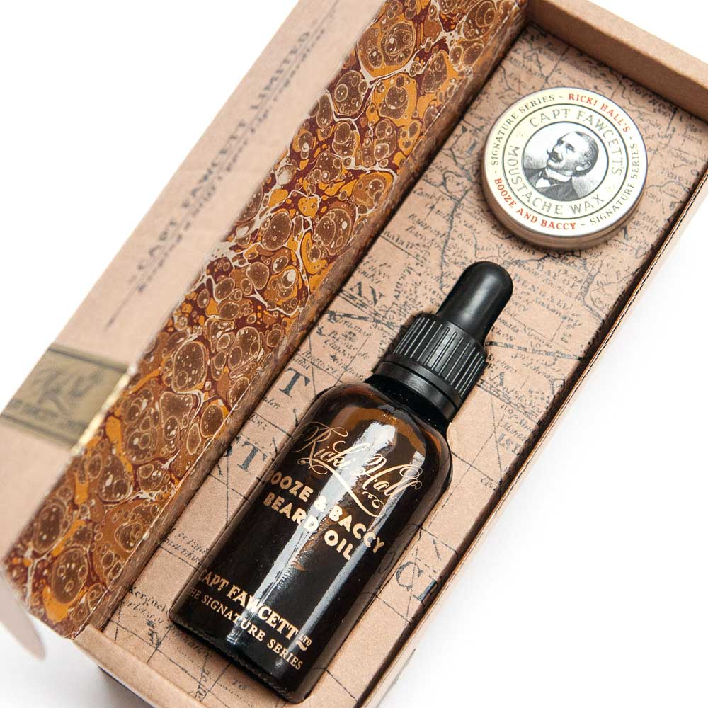 Captain Fawcett and Ricki Hall Booze & Baccy moustache wax and beard oil